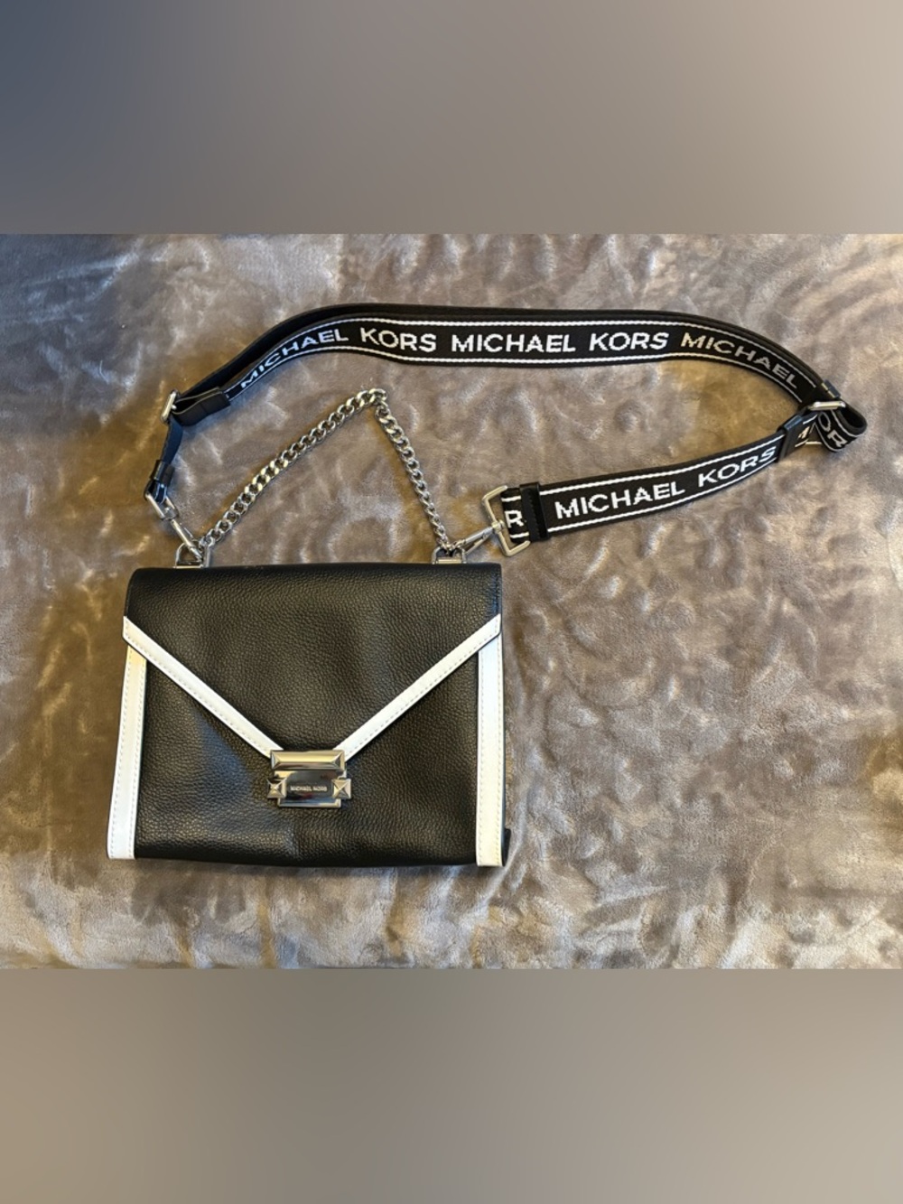 Michael Kors Black and White Leather Shoulder Bag with Logo Strap